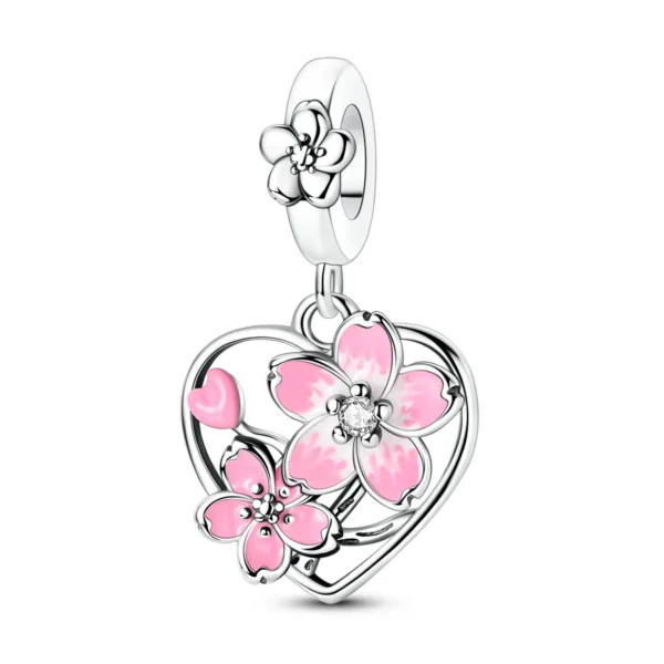 Charm Cœur Fleurs de Cerisier Roses