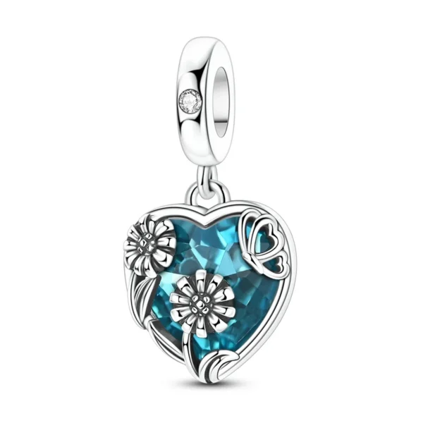 Charm Cœur Bleu Fleuri & Papillon